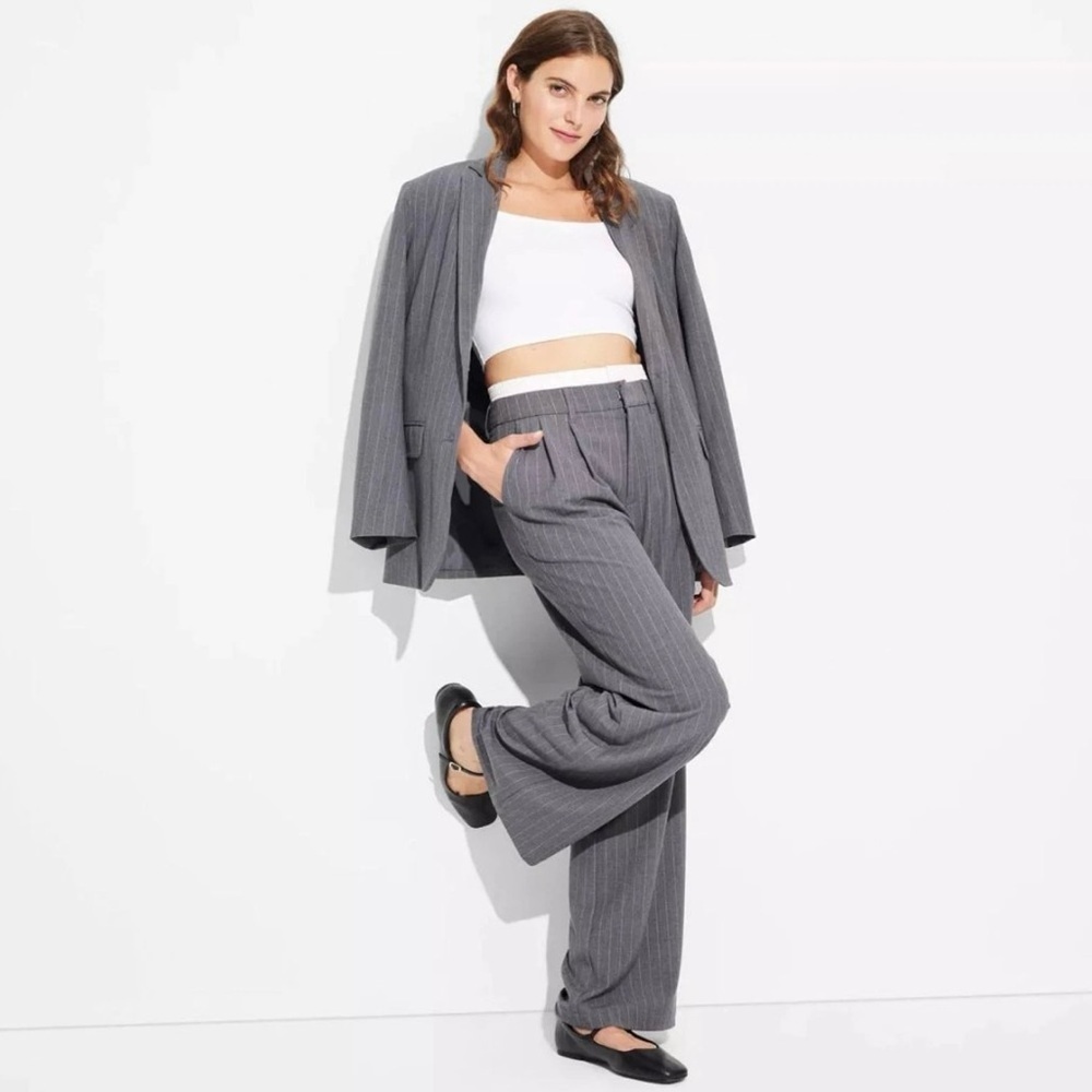 Wild Fable Women's High Rise Wide Leg Boxer Trousers Gray Pinstripe